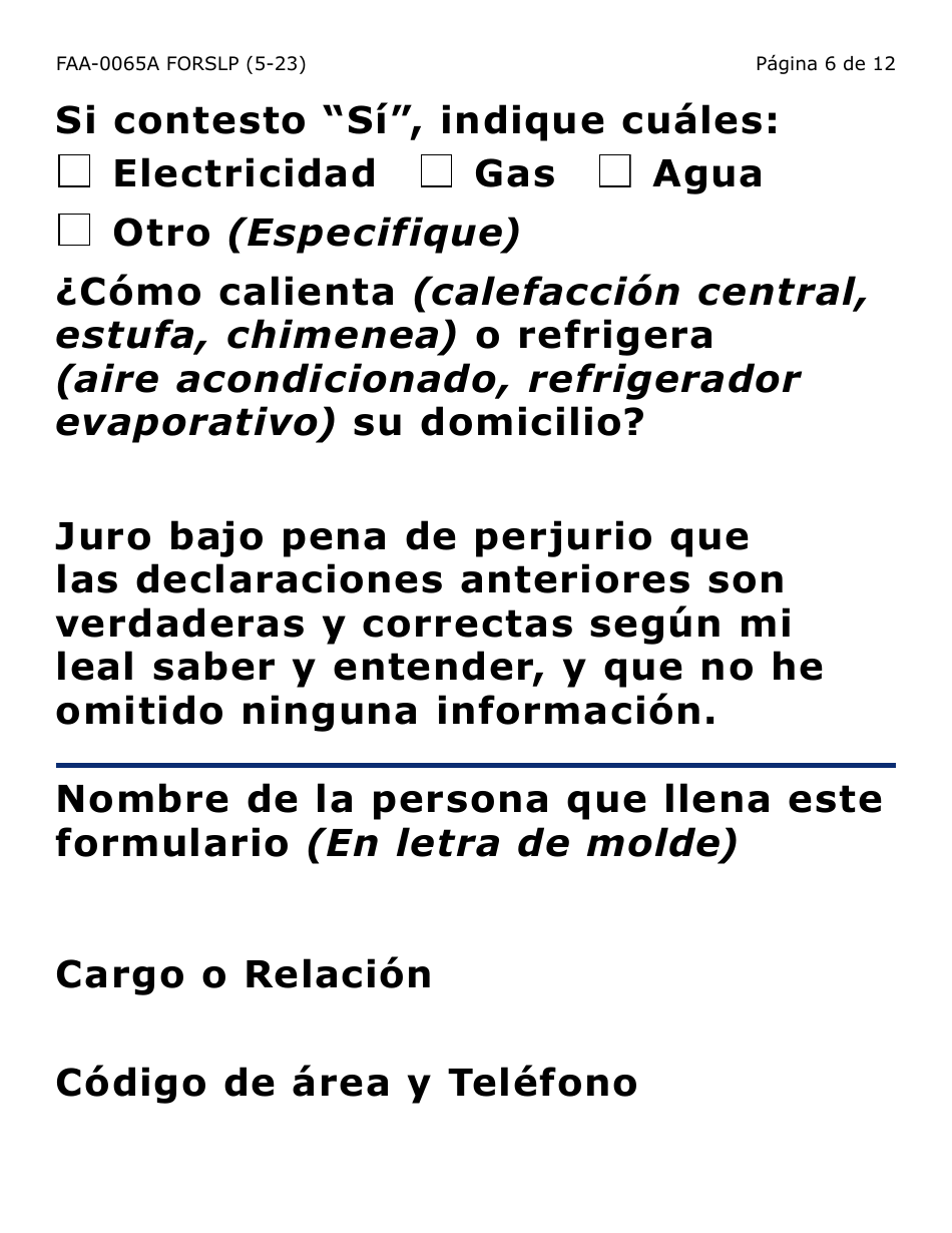 Formulario FAA-0065A-SLP Verificacion De Situacion De Residencia / Direccion Residencial - Letra Grande - Arizona (Spanish), Page 6