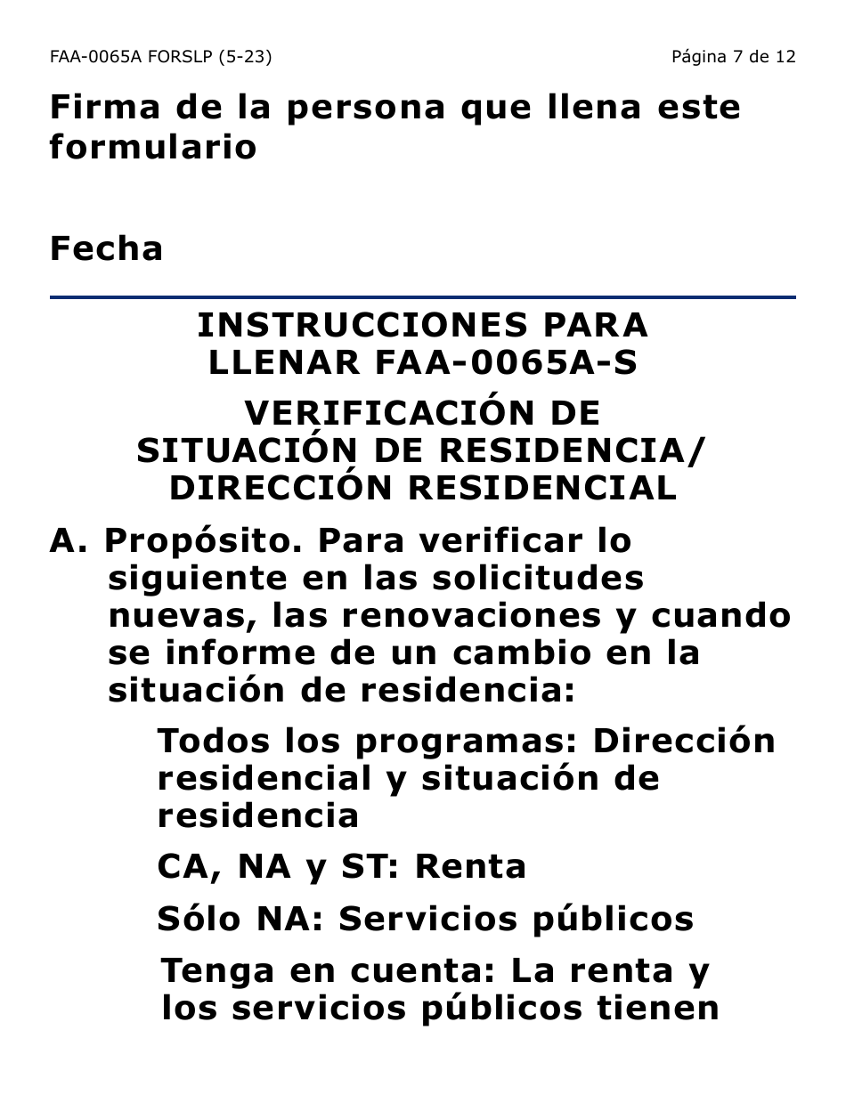 Formulario FAA-0065A-SLP Verificacion De Situacion De Residencia / Direccion Residencial - Letra Grande - Arizona (Spanish), Page 7