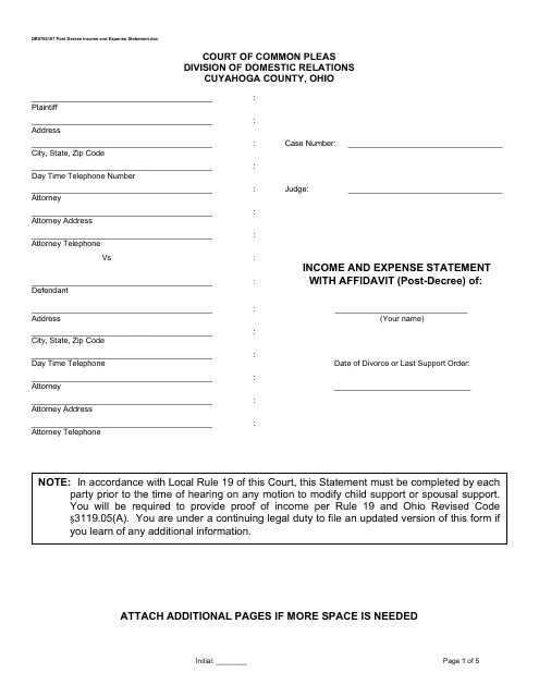 Form DR0706107 Income and Expense Statement With Affidavit (Post-decree) - Cuyahoga County, Ohio