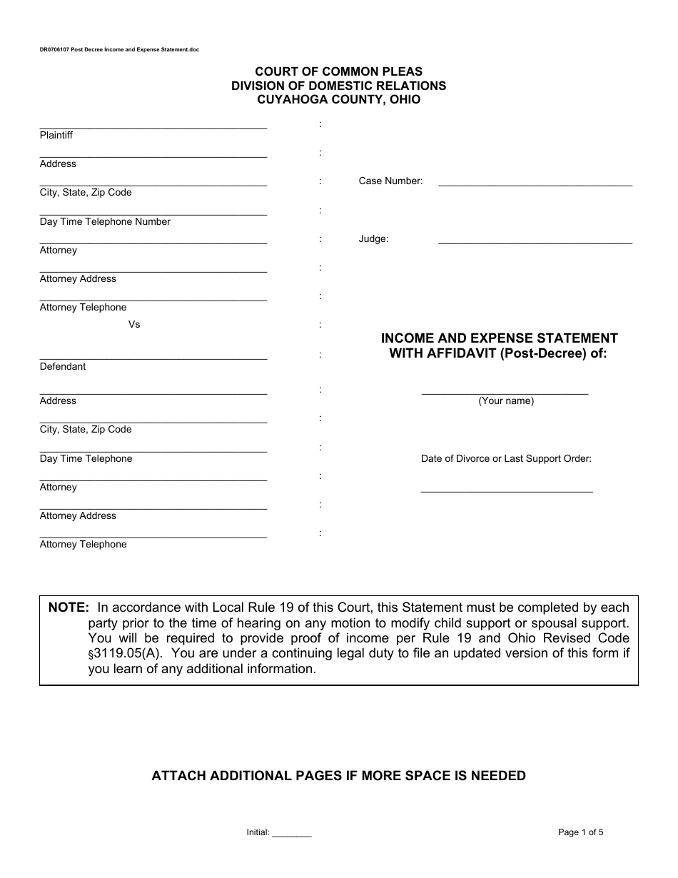 Form DR0706107 Income and Expense Statement With Affidavit (Post-decree) - Cuyahoga County, Ohio, Page 1