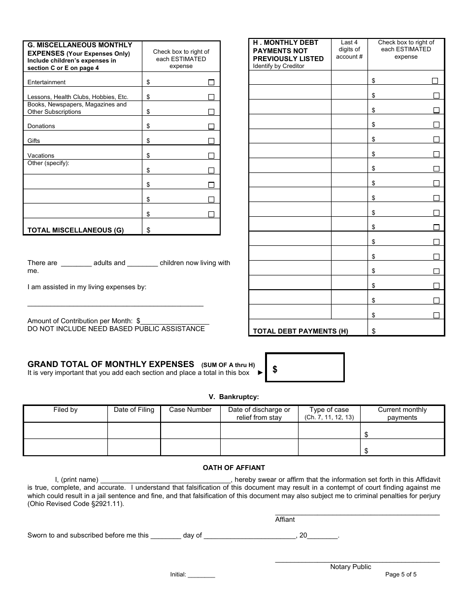 Form DR0706107 Income and Expense Statement With Affidavit (Post-decree) - Cuyahoga County, Ohio, Page 5