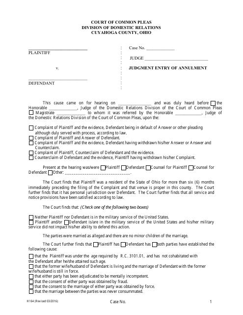 Form H164 Judgment Entry of Annulment - Cuyahoga County, Ohio