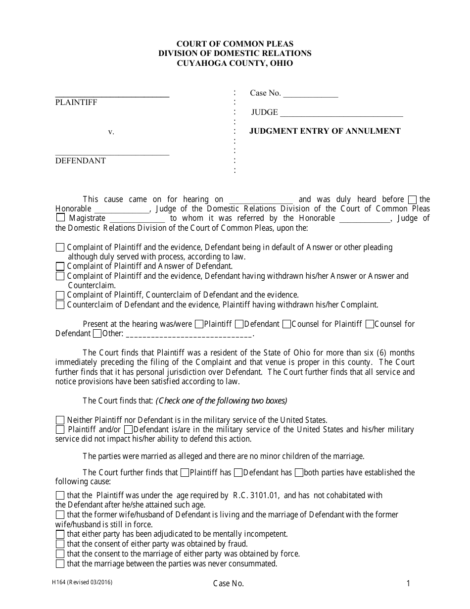 Form H164 Download Fillable PDF or Fill Online Judgment Entry of ...