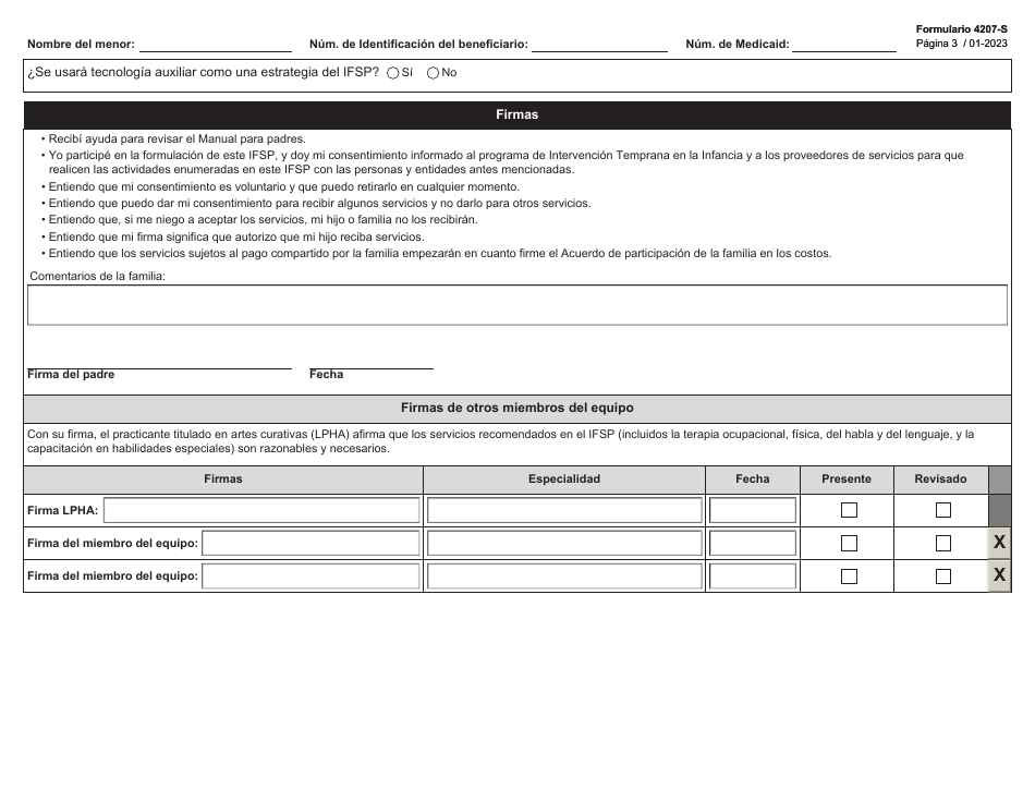 HHSC Formulario 4207-S Paginas Del Plan Individualizado De Servicios Para La Familia (Ifsp) - Servicios De Intervencion Temprana En La Infancia (Eci) - Texas (Spanish), Page 3