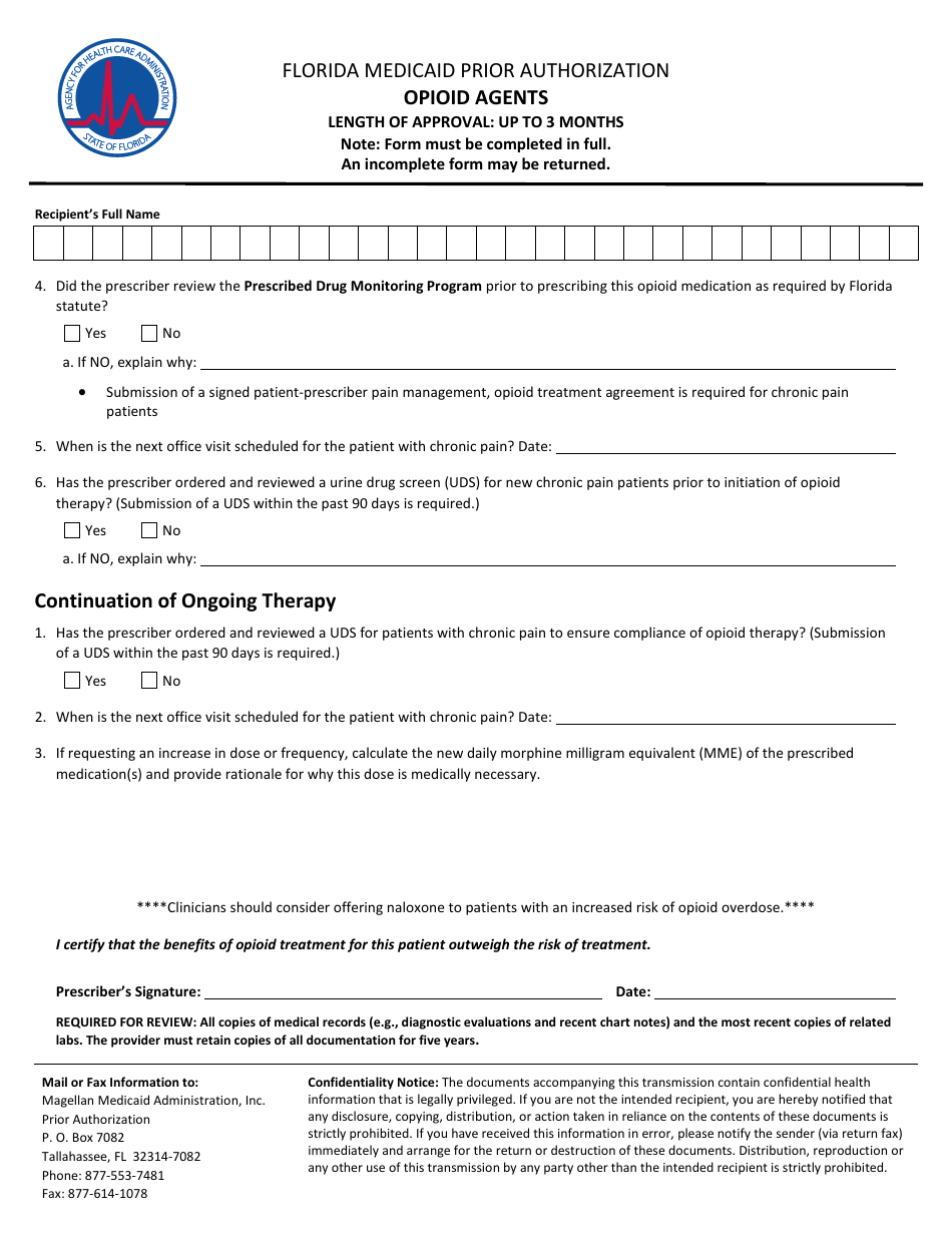 Florida Florida Medicaid Prior Authorization - Opioid Agents - Fill Out ...