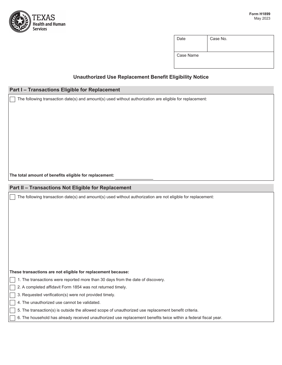 Form H1899 Unauthorized Use Replacement Benefit Eligibility Notice - Texas, Page 1