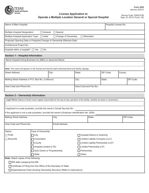 Form 3229 License Application to Operate a Multiple Location General or Special Hospital - Texas