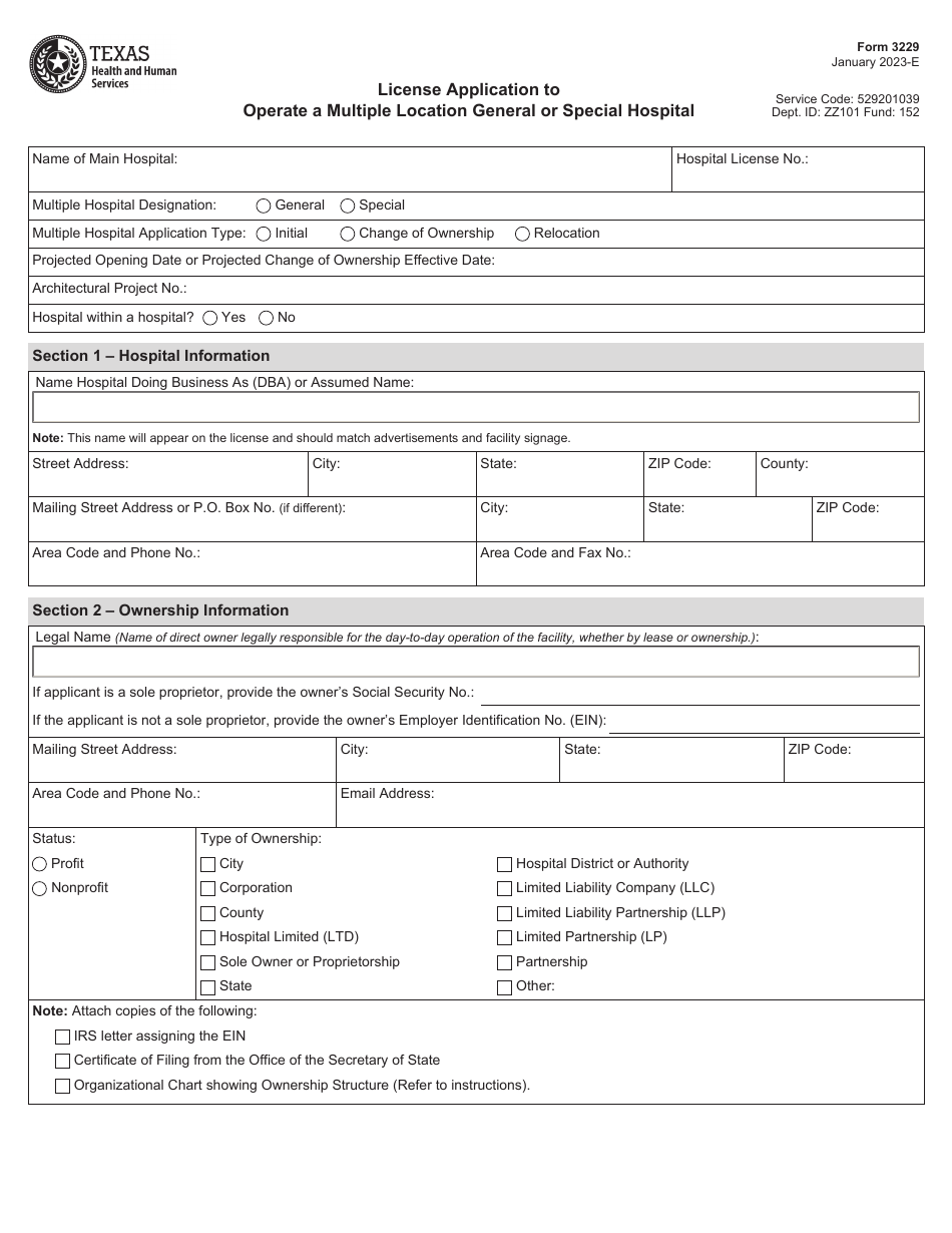Form 3229 License Application to Operate a Multiple Location General or Special Hospital - Texas, Page 1