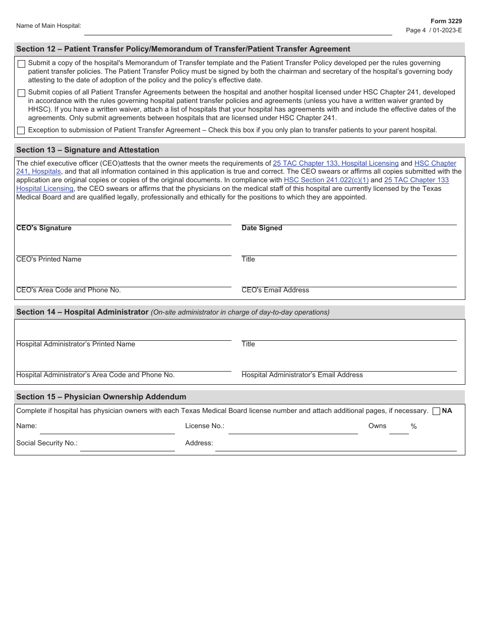 Form 3229 License Application to Operate a Multiple Location General or Special Hospital - Texas, Page 4