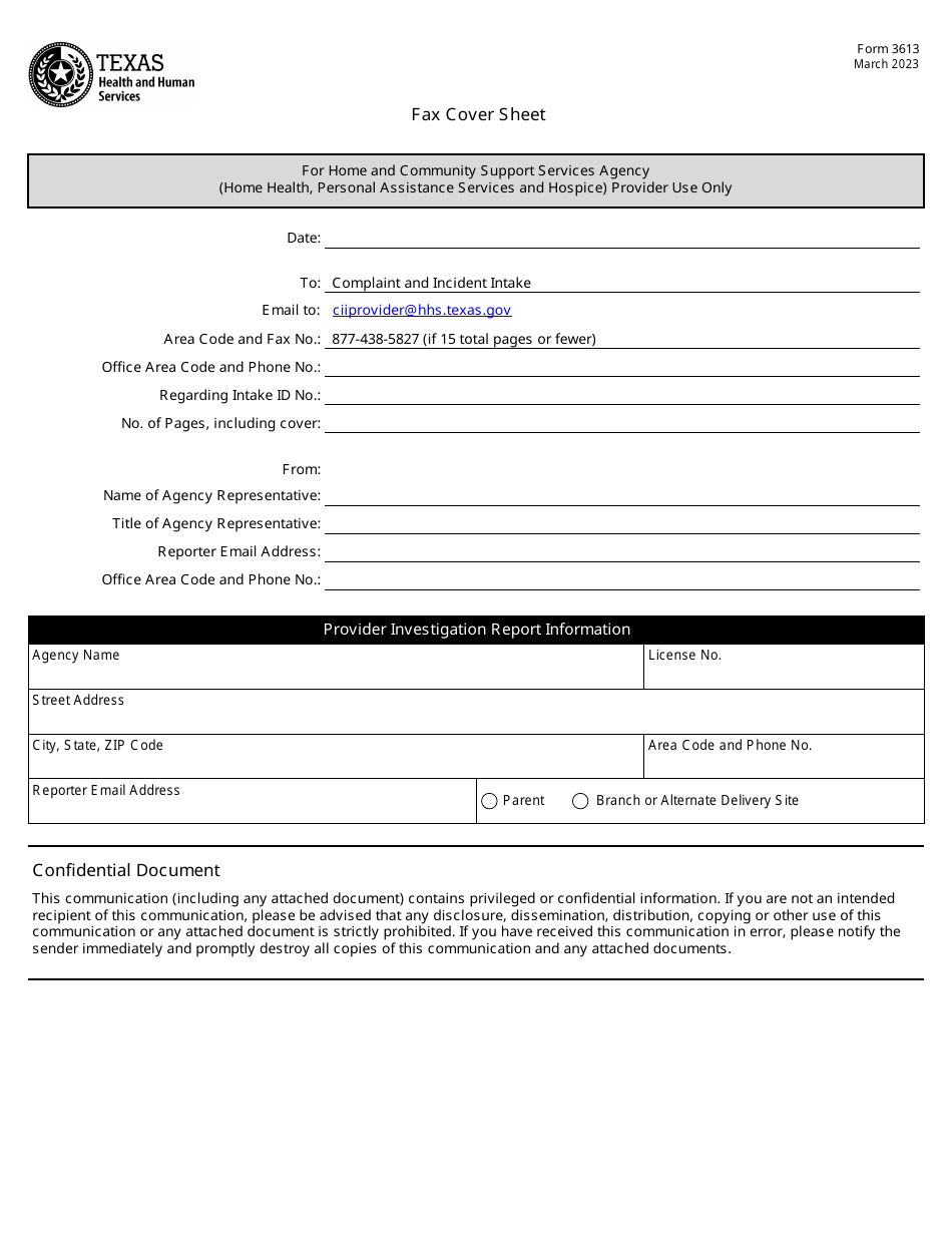 Form 3613 Provider Investigation Report With Fax Cover Sheet (Home Health, Hospice and Personal Assistance Services Provider Use Only) - Texas, Page 1