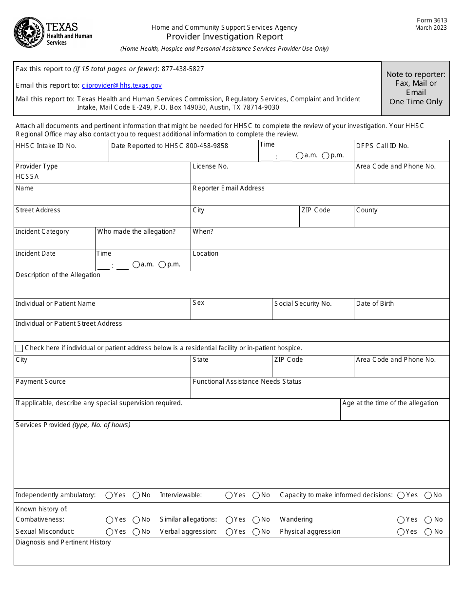 Form 3613 Download Fillable PDF or Fill Online Provider Investigation ...