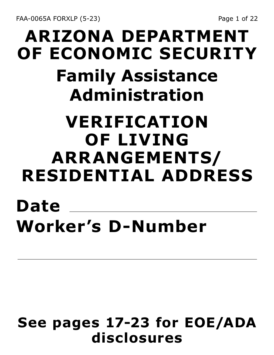 Form FAA-0065A-XLP Verification of Living Arrangements / Residential Address (Extra Large Print) - Arizona, Page 1