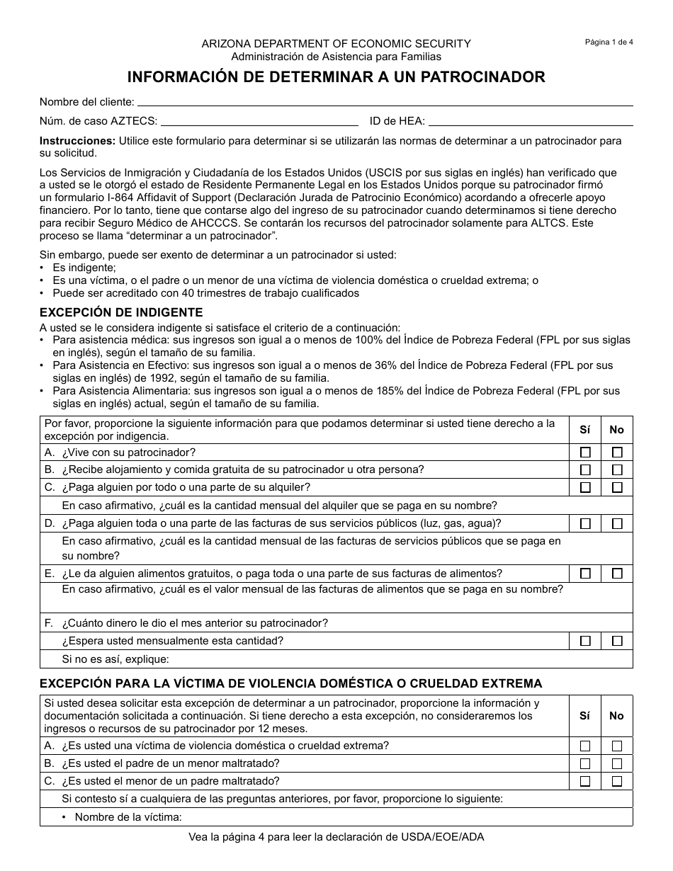 Formulario FAA-1546A-S Informacion De Determinar a Un Patrocinador - Arizona (Spanish), Page 1