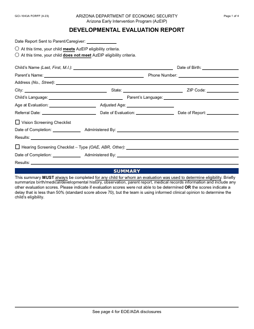 Form GCI-1043A Developmental Evaluation Report - Arizona