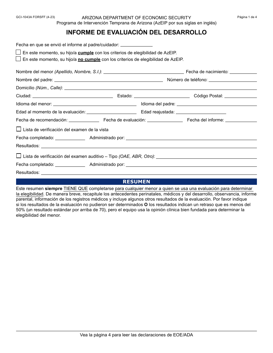 Formulario GCI-1043A-S Informe De Evaluacion Del Desarrollo - Arizona (Spanish), Page 1