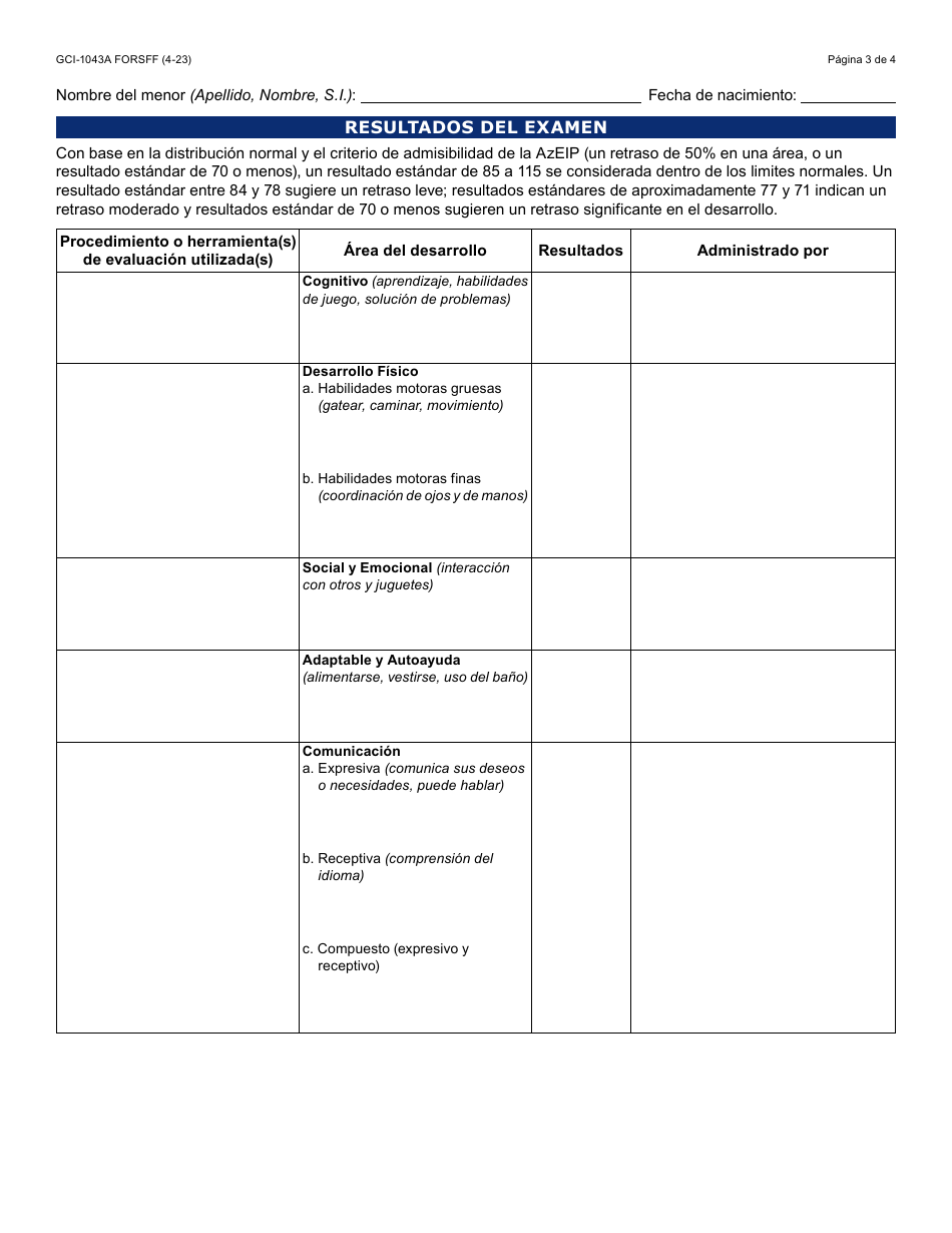 Formulario GCI-1043A-S Informe De Evaluacion Del Desarrollo - Arizona (Spanish), Page 3
