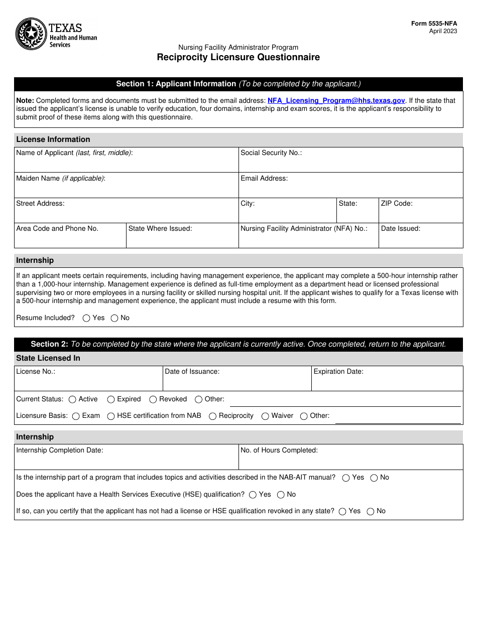 Form 5535-NFA Reciprocity Licensure Questionnaire - Texas, Page 1