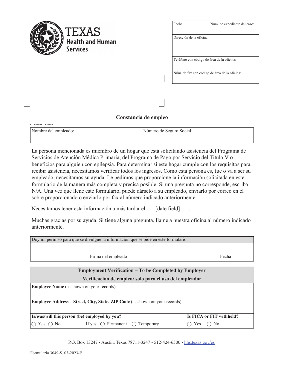 Formulario 3049-S Constancia De Empleo - Texas (Spanish), Page 1