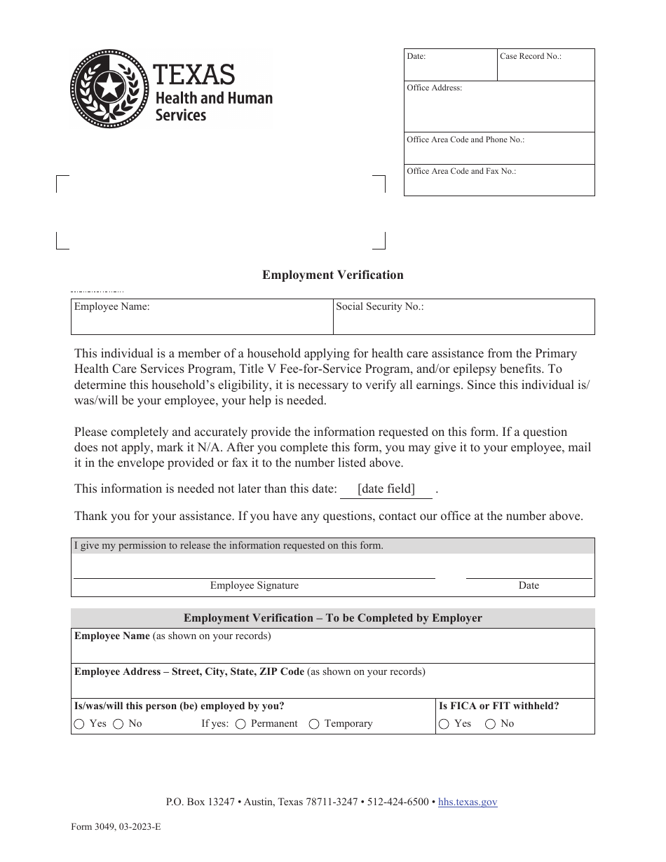 Form 3049 Employment Verification - Texas, Page 1