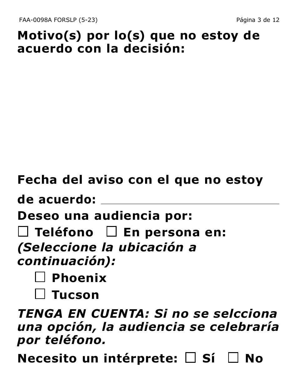 Formulario FAA-0098A-SLP Solicitud De Apelacion (Letra Grande) - Arizona (Spanish), Page 3