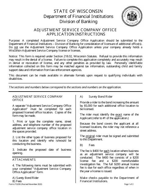 Form LFS205 Adjustment Service Company Office Application - Wisconsin