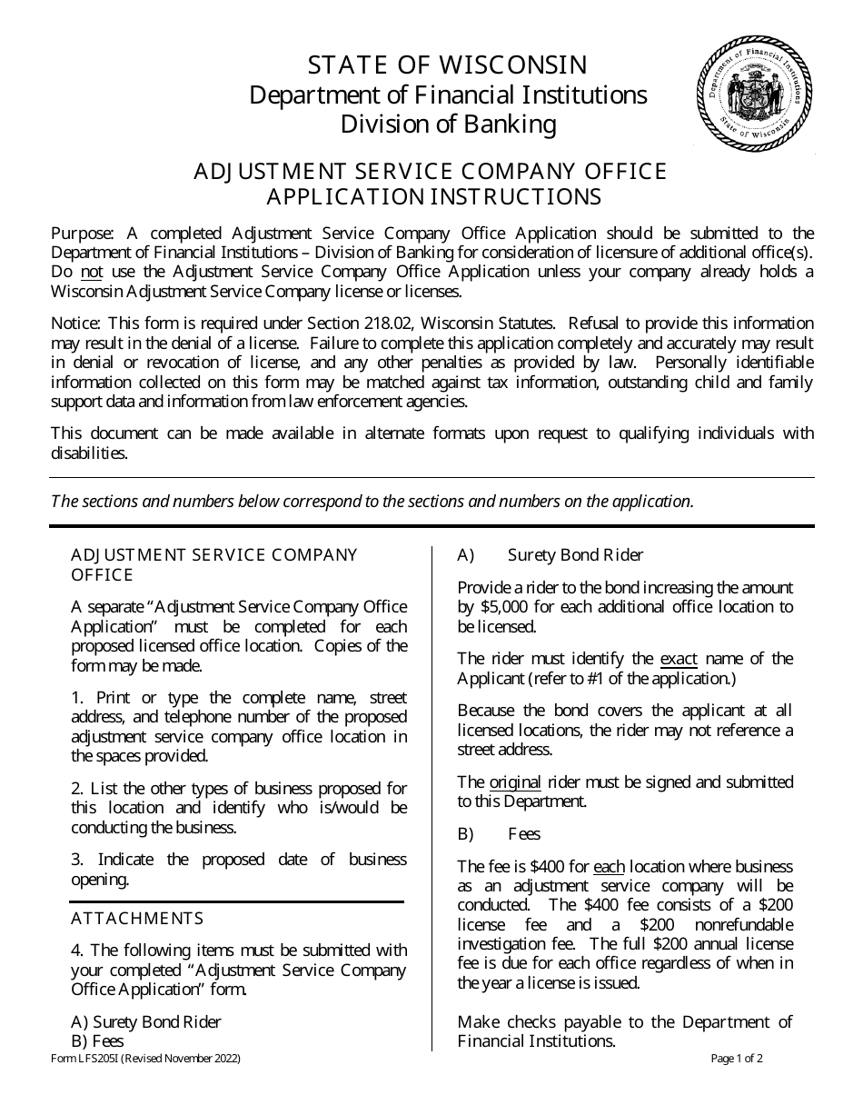 Form LFS205 Adjustment Service Company Office Application - Wisconsin, Page 1