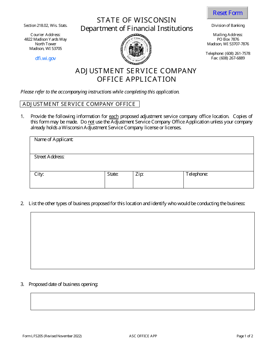 Form LFS205 Adjustment Service Company Office Application - Wisconsin, Page 3