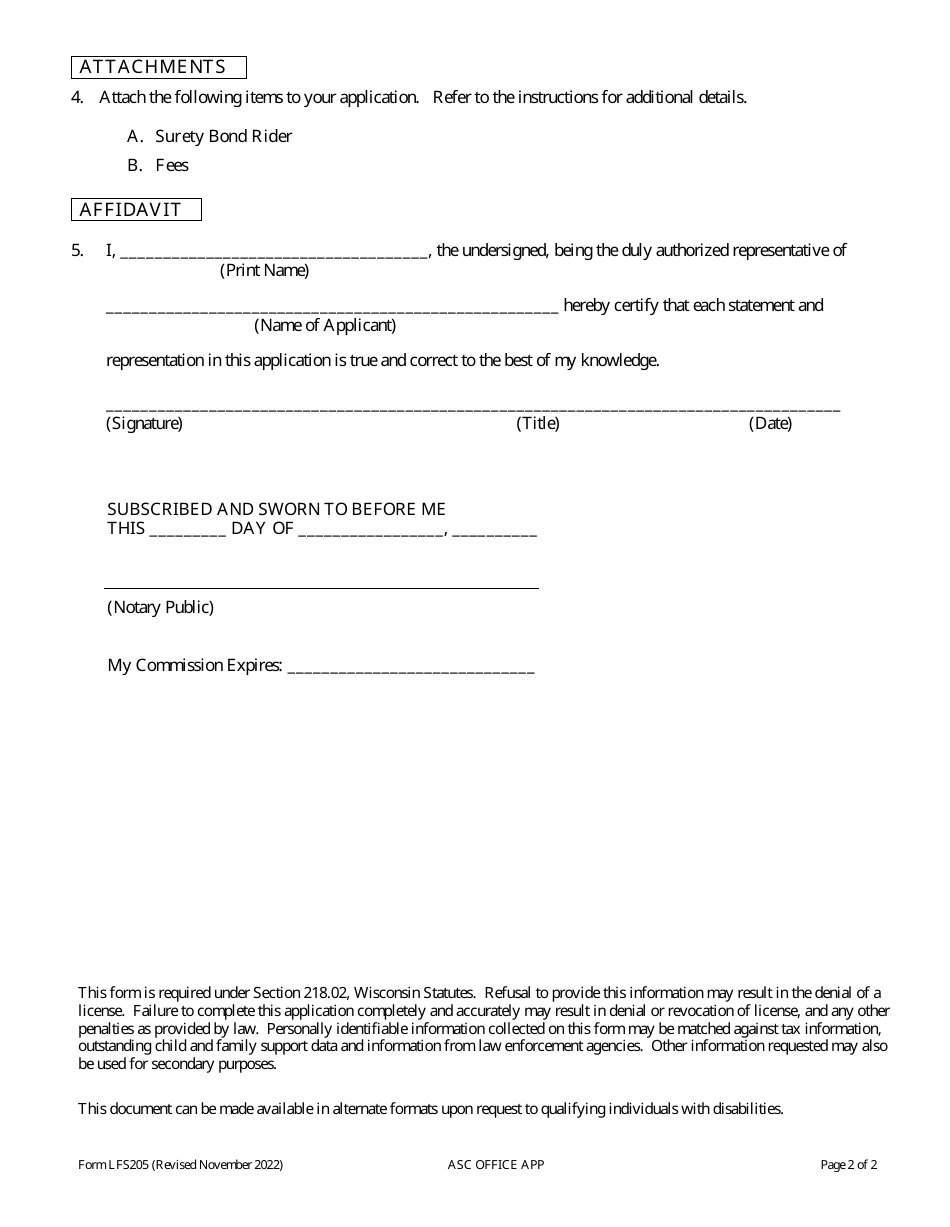 Form LFS205 Adjustment Service Company Office Application - Wisconsin, Page 4