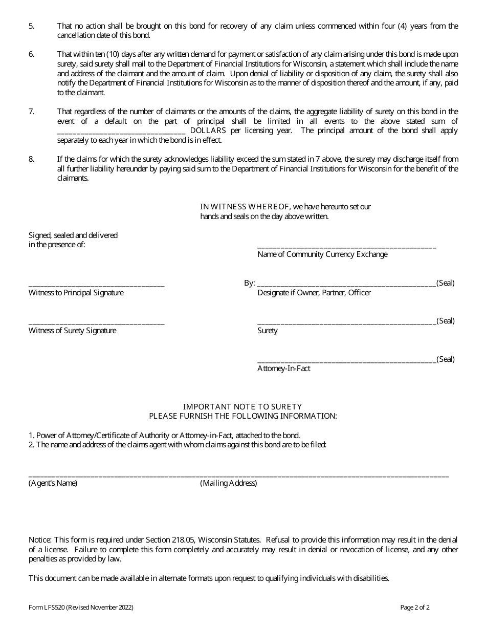 Form LFS520 Community Currency Exchange Bond - Wisconsin, Page 2