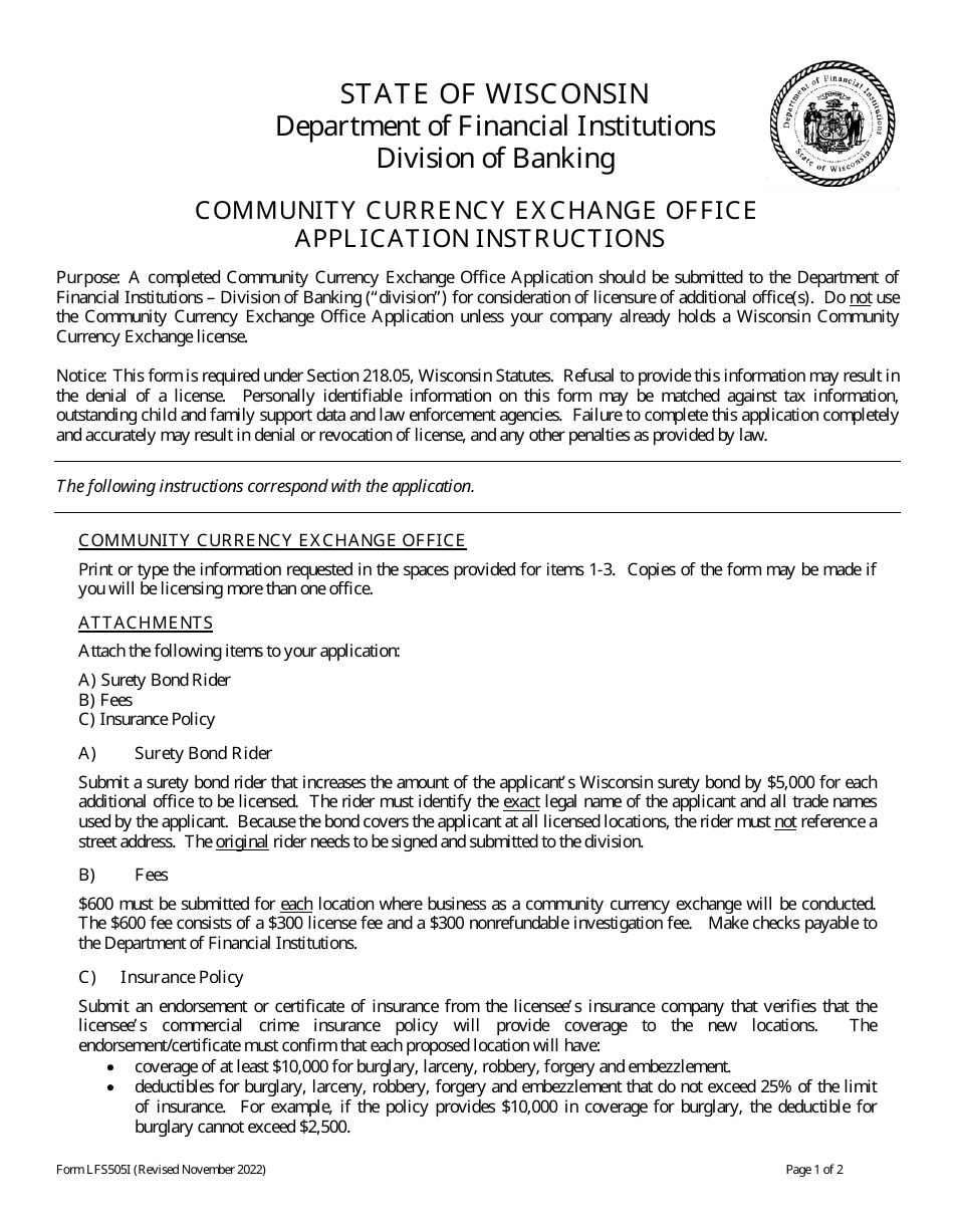 Form LFS505 Community Currency Exchange Office Application - Wisconsin, Page 1