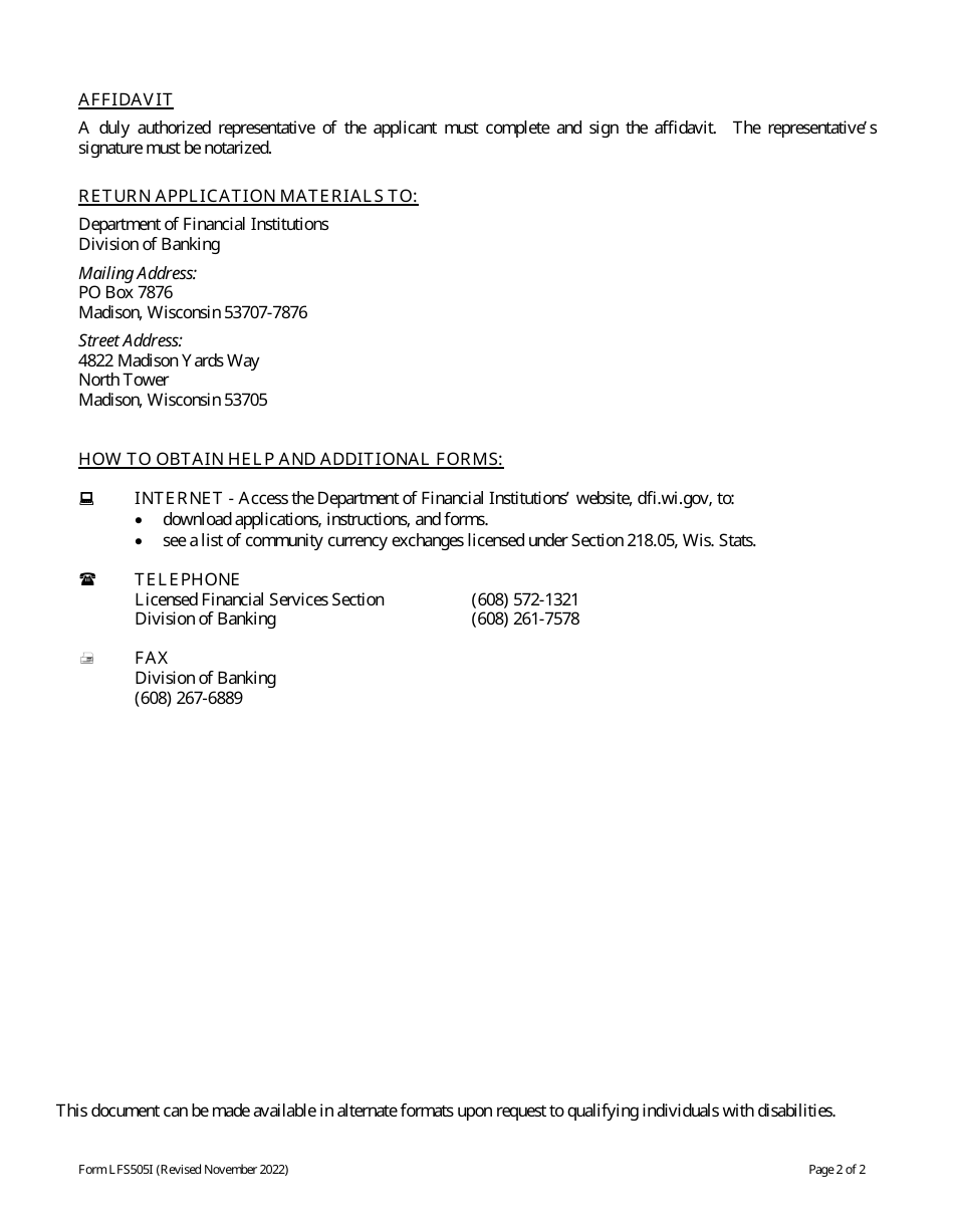 Form LFS505 Community Currency Exchange Office Application - Wisconsin, Page 2