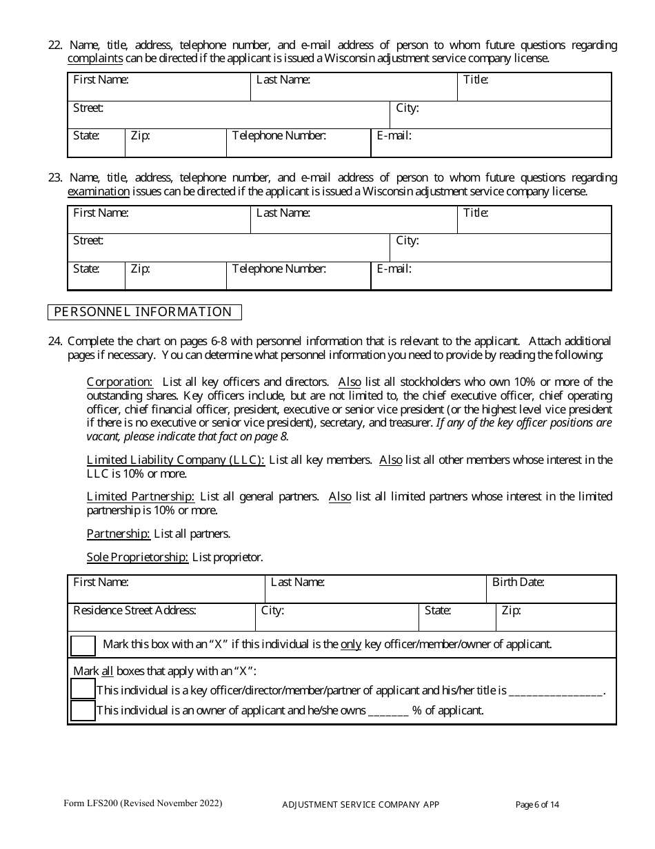 Form LFS200 Adjustment Service Company License Application - Wisconsin, Page 10