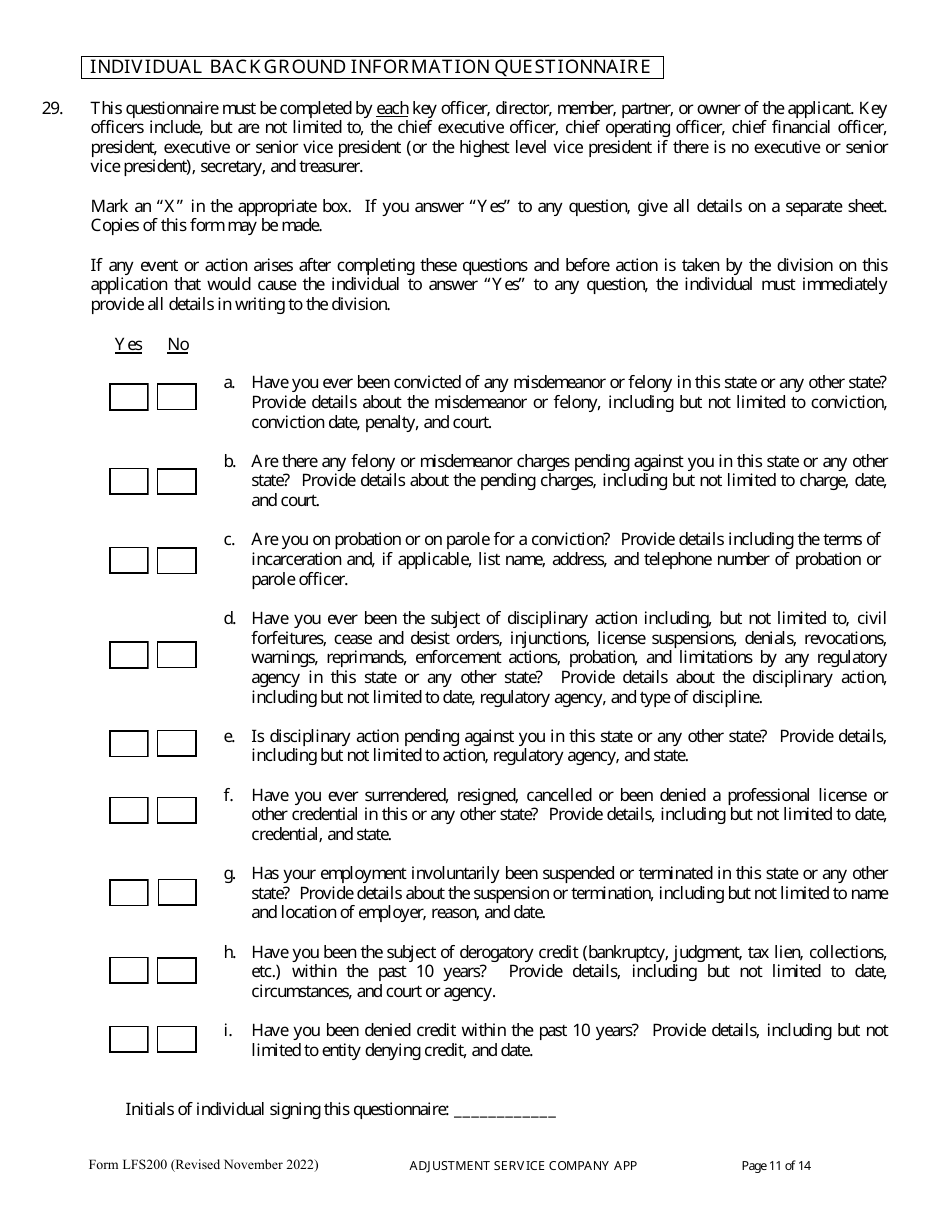 Form LFS200 Adjustment Service Company License Application - Wisconsin, Page 15