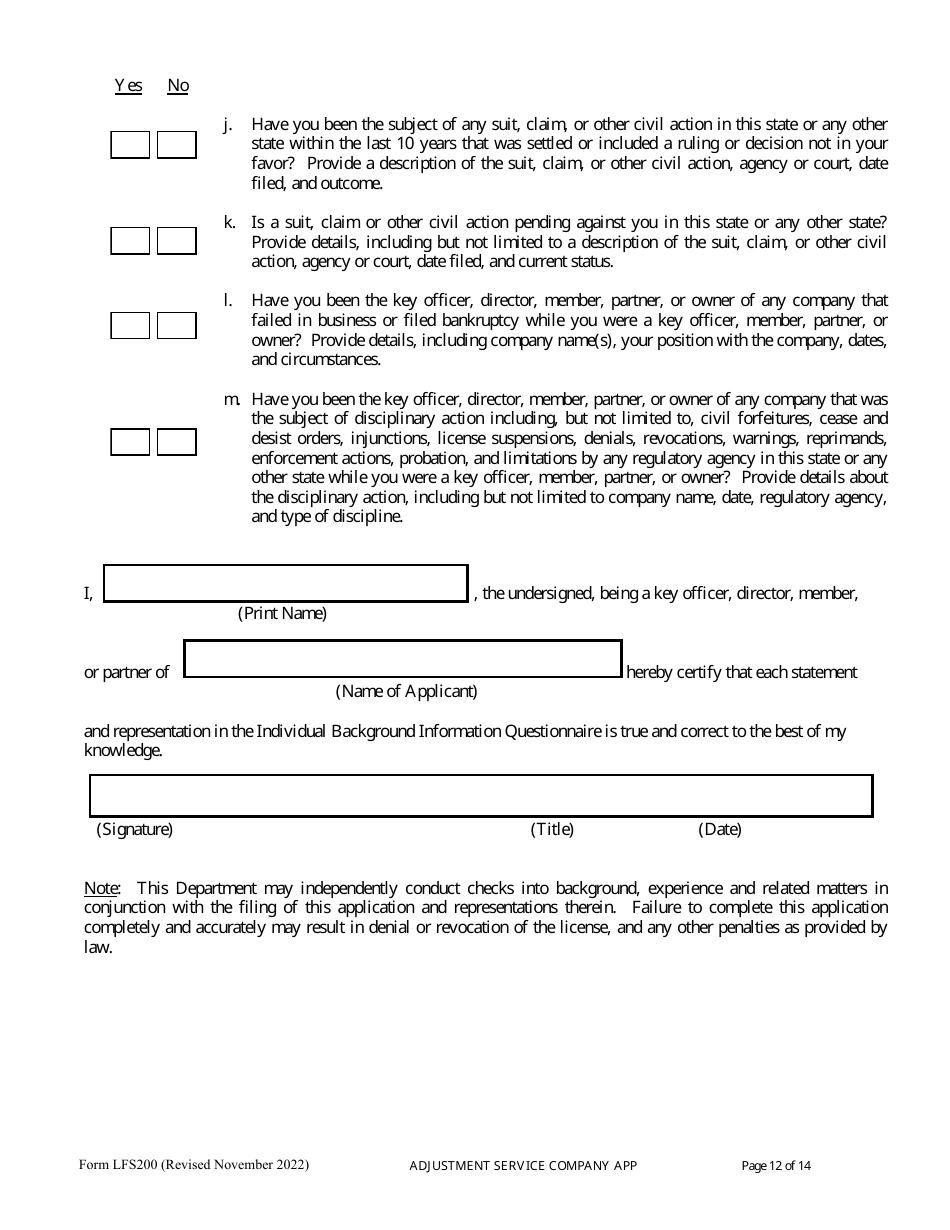 Form LFS200 Adjustment Service Company License Application - Wisconsin, Page 16