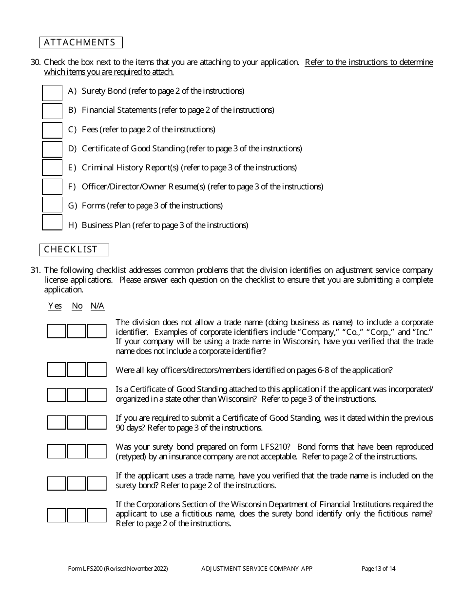 Form LFS200 Adjustment Service Company License Application - Wisconsin, Page 17