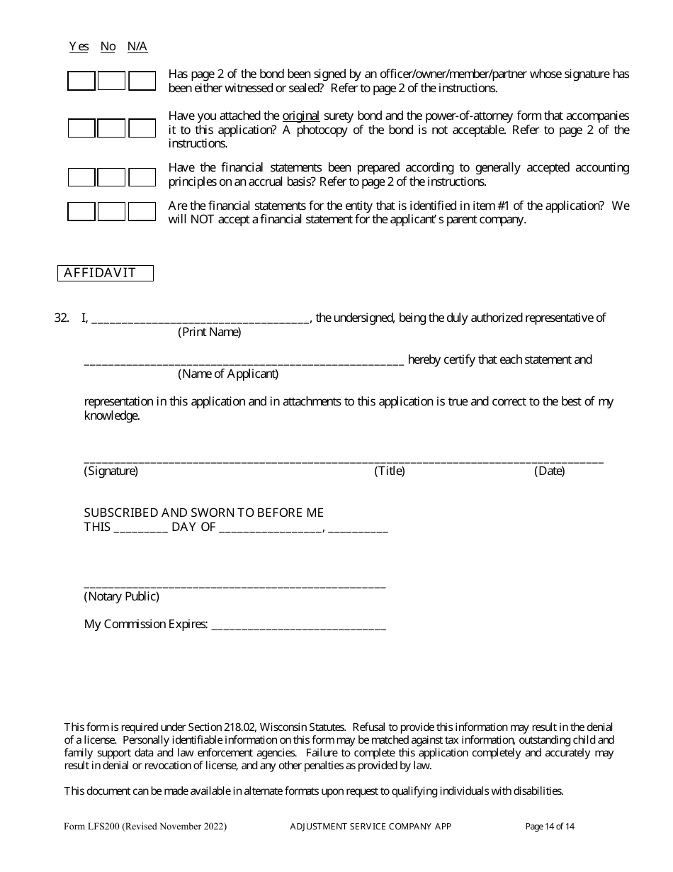 Form LFS200 Adjustment Service Company License Application - Wisconsin, Page 18