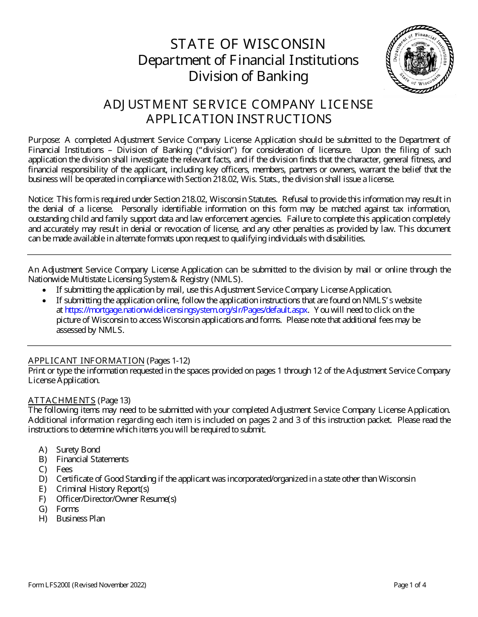 Form LFS200 Adjustment Service Company License Application - Wisconsin, Page 1