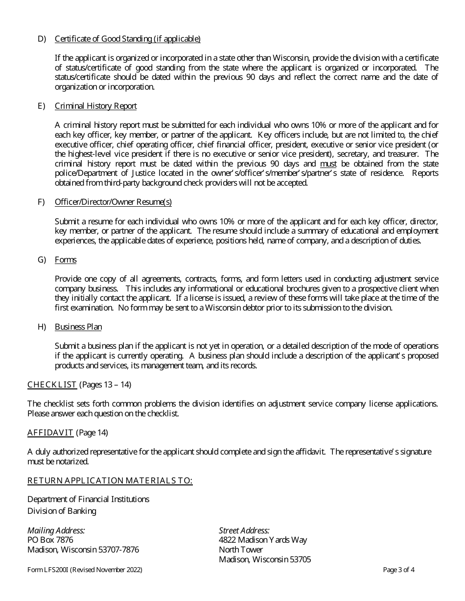 Form LFS200 Adjustment Service Company License Application - Wisconsin, Page 3