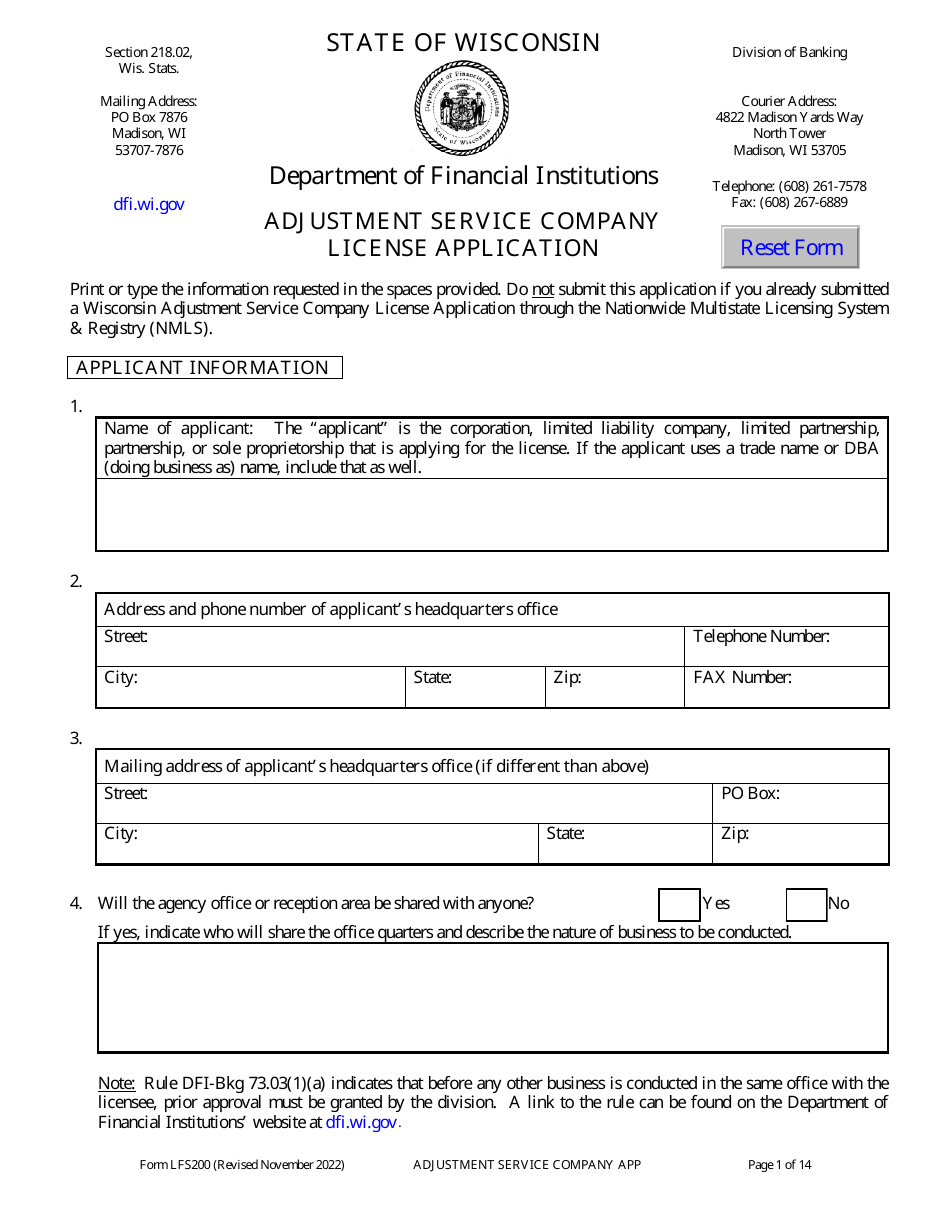 Form LFS200 Adjustment Service Company License Application - Wisconsin, Page 5