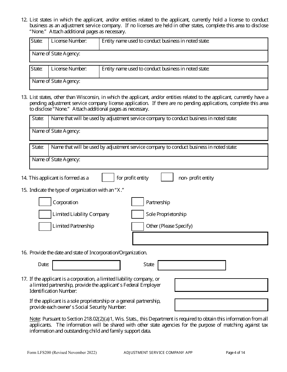 Form LFS200 Adjustment Service Company License Application - Wisconsin, Page 8