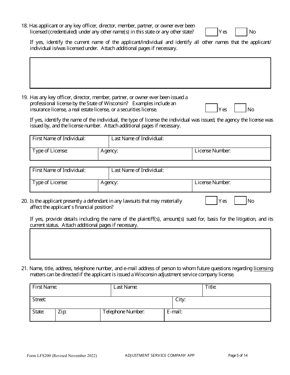 Form LFS200 Adjustment Service Company License Application - Wisconsin, Page 9