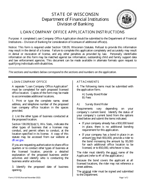 Form LFS310 Loan Company Office Application - Wisconsin