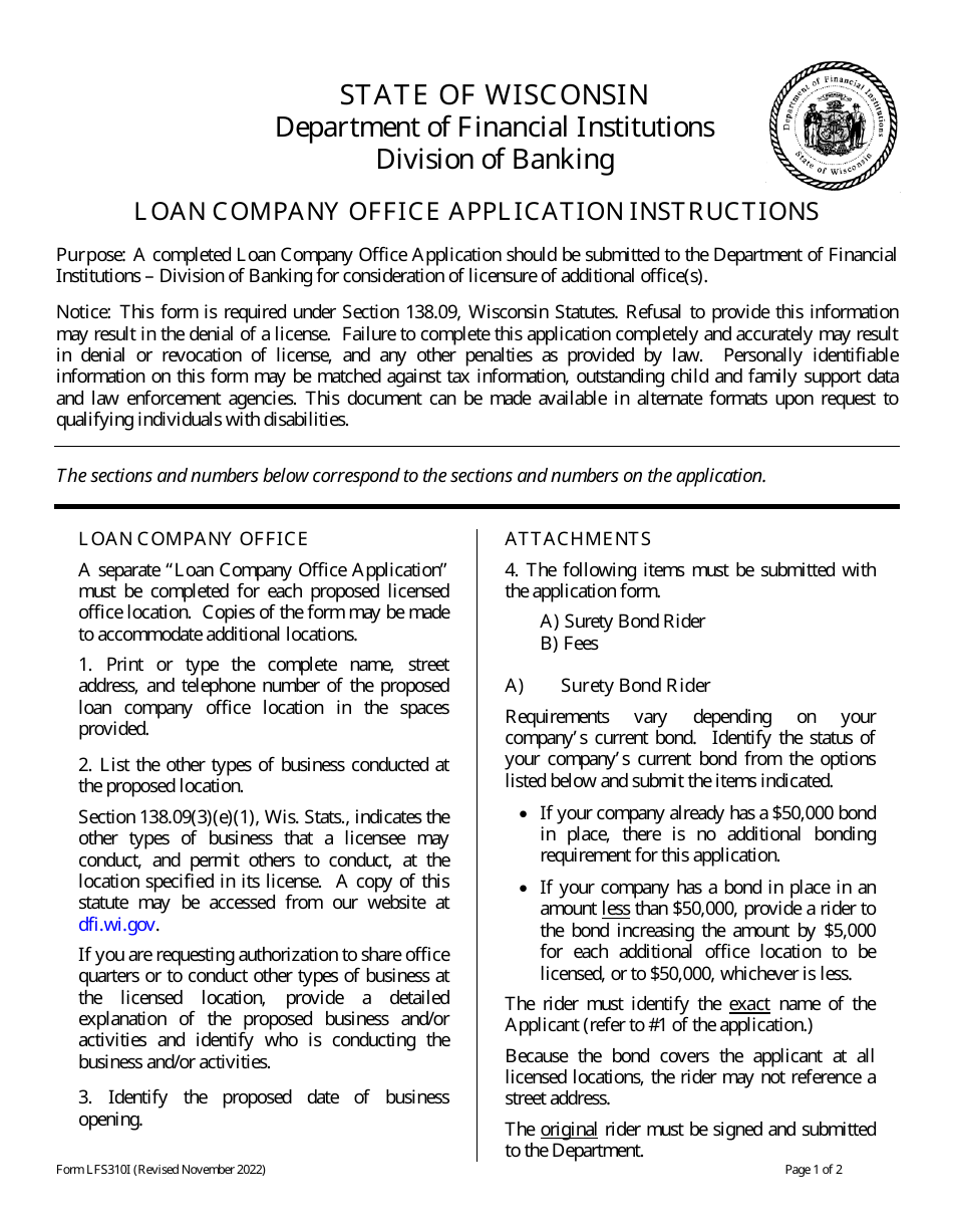 Form LFS310 Loan Company Office Application - Wisconsin, Page 1