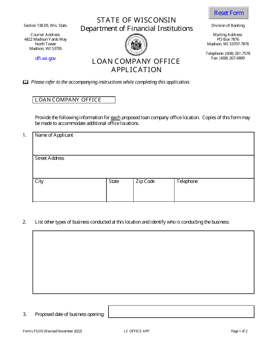 Form LFS310 Loan Company Office Application - Wisconsin, Page 3