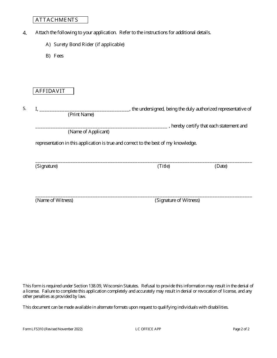 Form LFS310 Loan Company Office Application - Wisconsin, Page 4