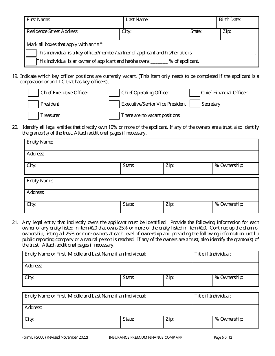 Form LFS600 Insurance Premium Finance Company License Application - Wisconsin, Page 10