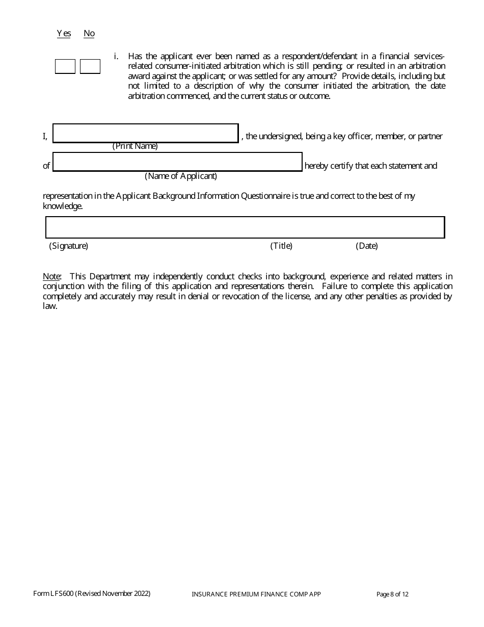 Form LFS600 Insurance Premium Finance Company License Application - Wisconsin, Page 12