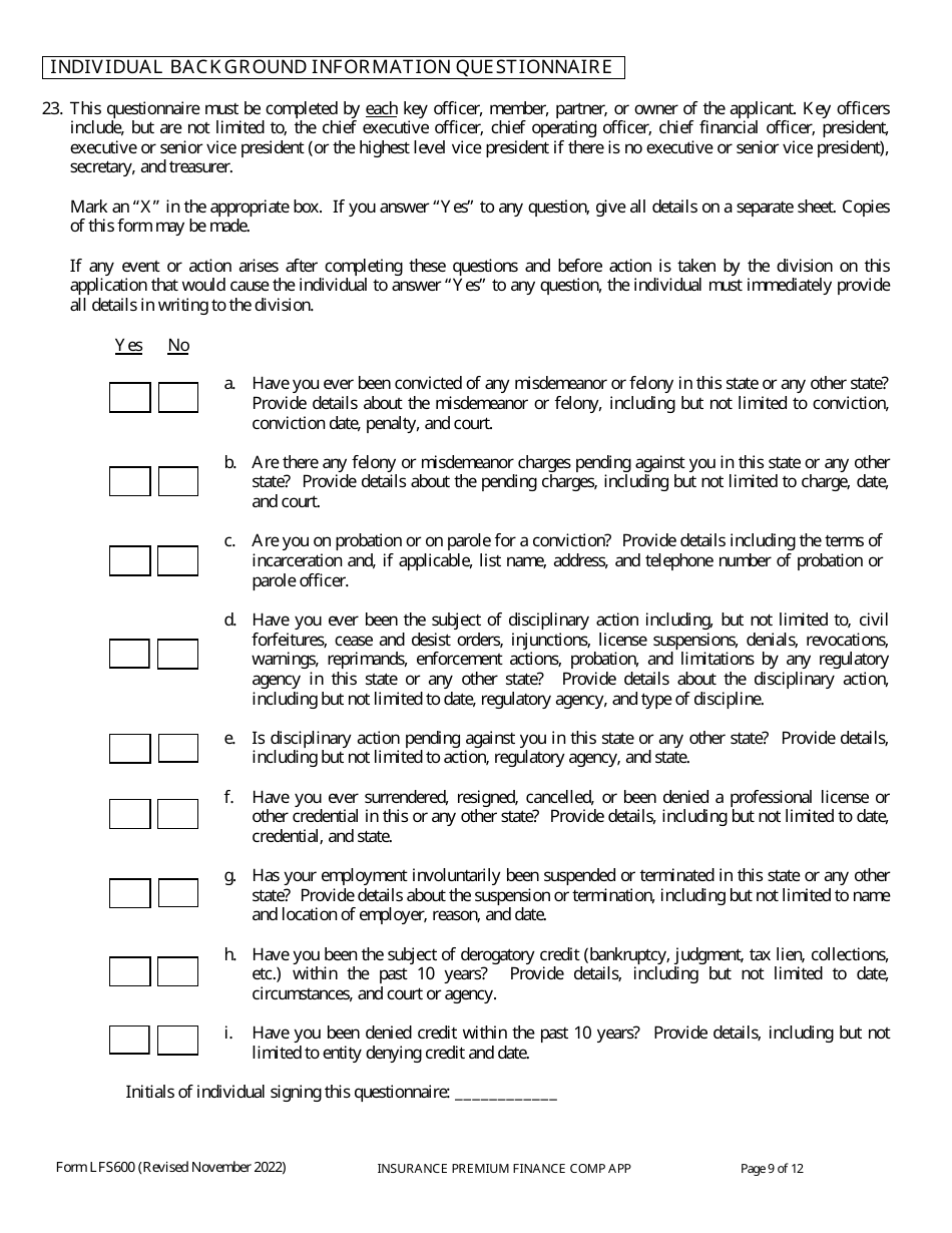 Form LFS600 Insurance Premium Finance Company License Application - Wisconsin, Page 13