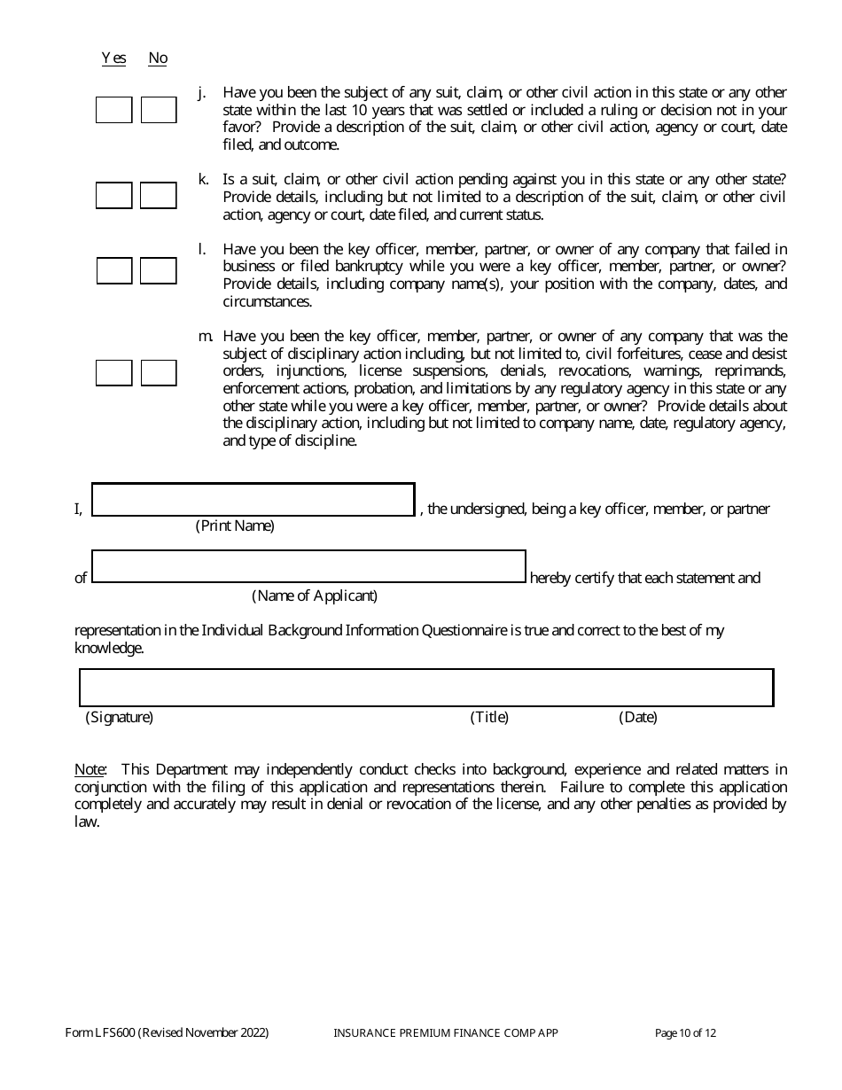 Form LFS600 Insurance Premium Finance Company License Application - Wisconsin, Page 14