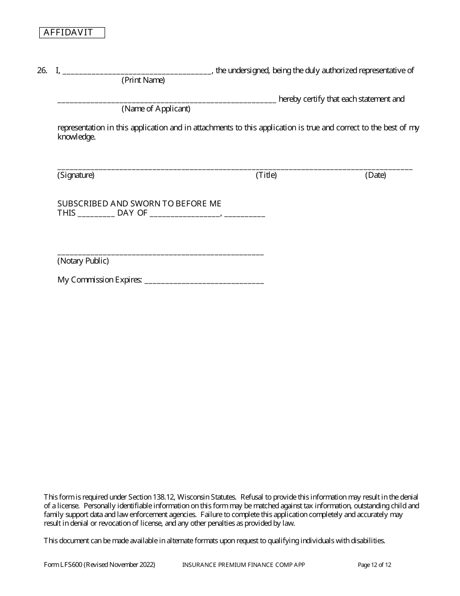 Form LFS600 Insurance Premium Finance Company License Application - Wisconsin, Page 16